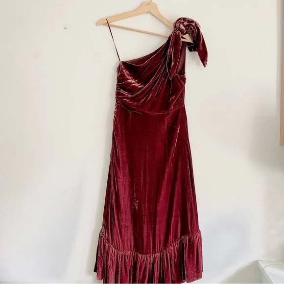 Ulla Johnson Elisa One Shoulder Bow Velvet Midi Dress Puce Dark Cherry Red Sz 4 - Picture 3 of 14